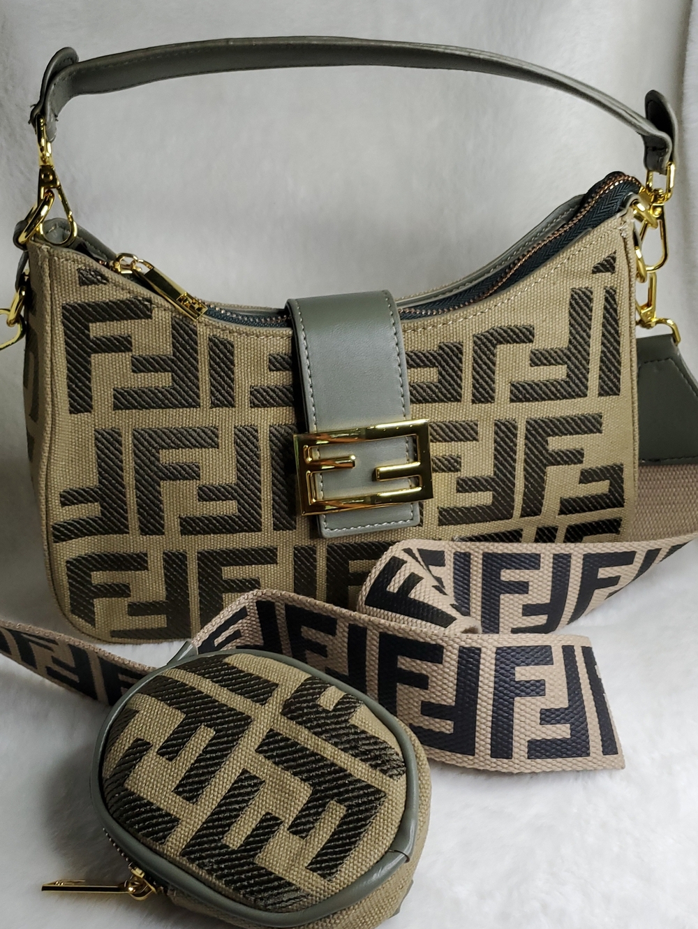 Beige & Brown Monogram Canvas Messenger Bag with Gray Strap - Picture 7 of 16